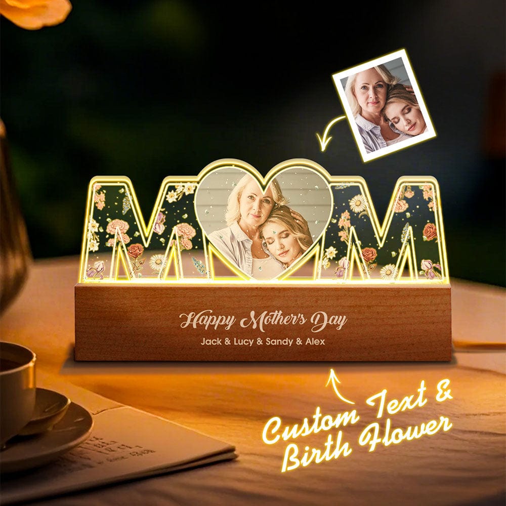 Mum Everything I Am Is Because Of You Birth Month Flower Photo Upload Personalized Led Night Light, Mother's Day Gift