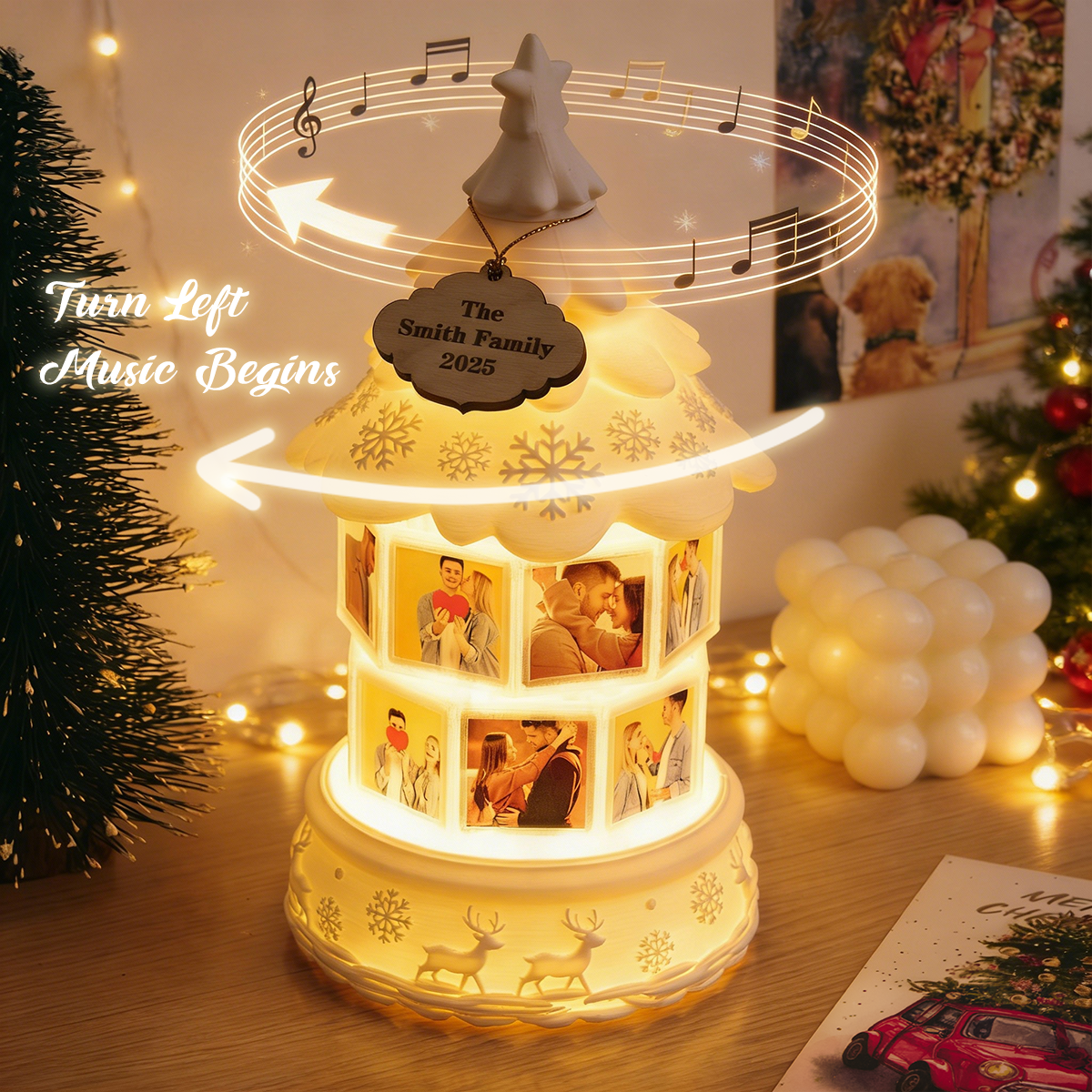 Custom Multi-Photo Rotating Night Light Music Box Engraved Family Keepsake Lamp Christmas Drift Bottle Light Christmas Tree Light Christmas Gift -  NameNecklaceUK