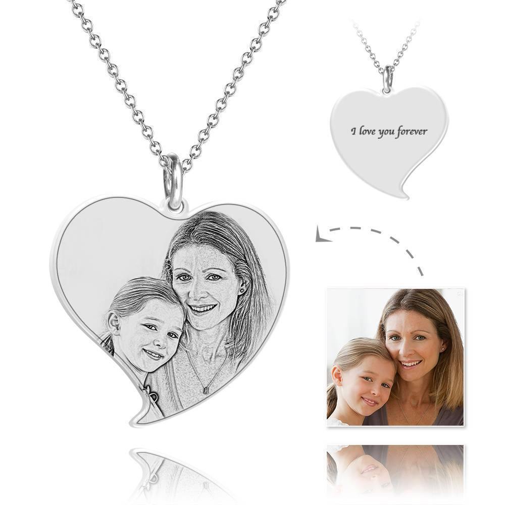 Mothers Day Gift - Heart Photo Engraved Tag Necklace with Engraving Silver - yournamencklaceuk
