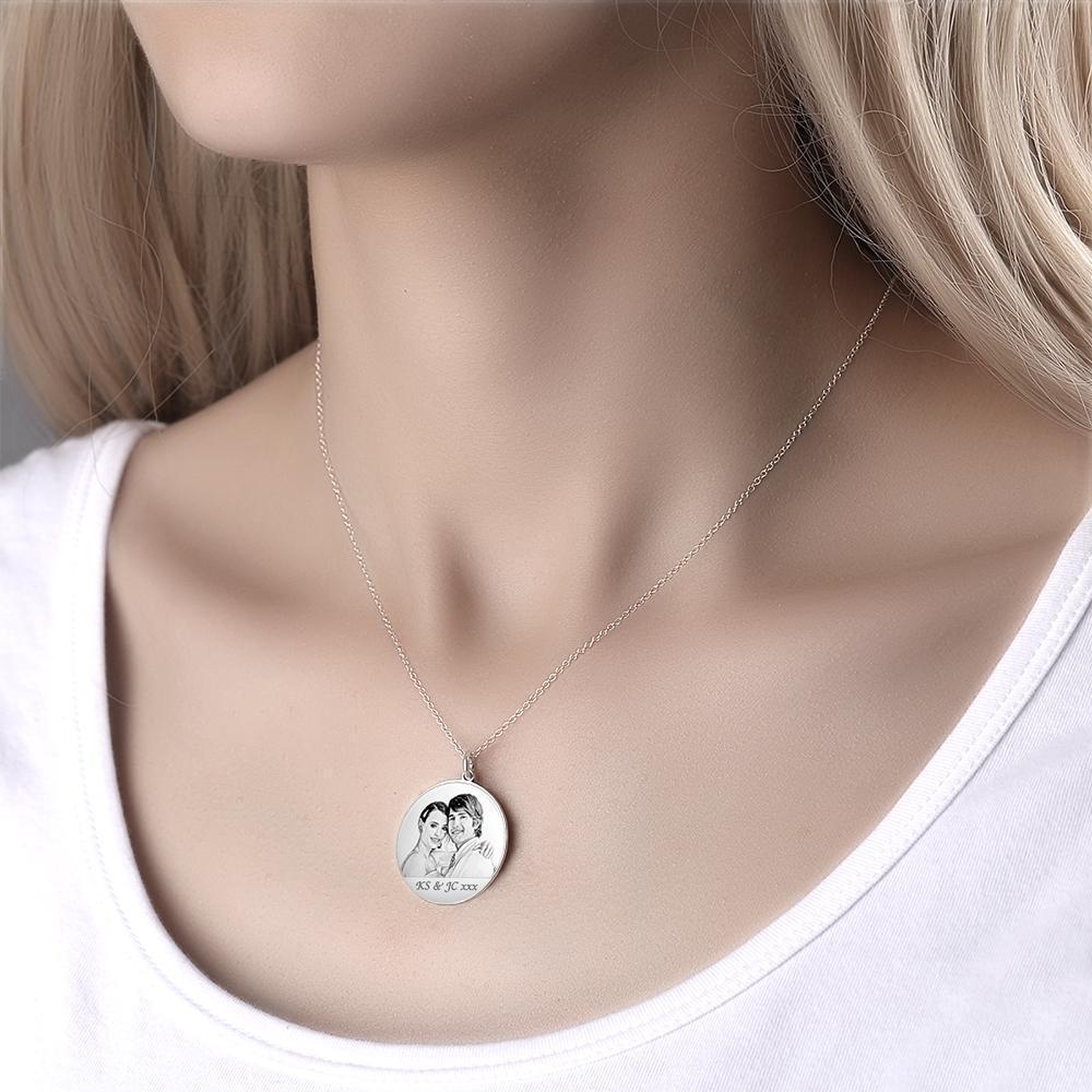 Custom Round Photo Necklace Engraving Neckalce Silver