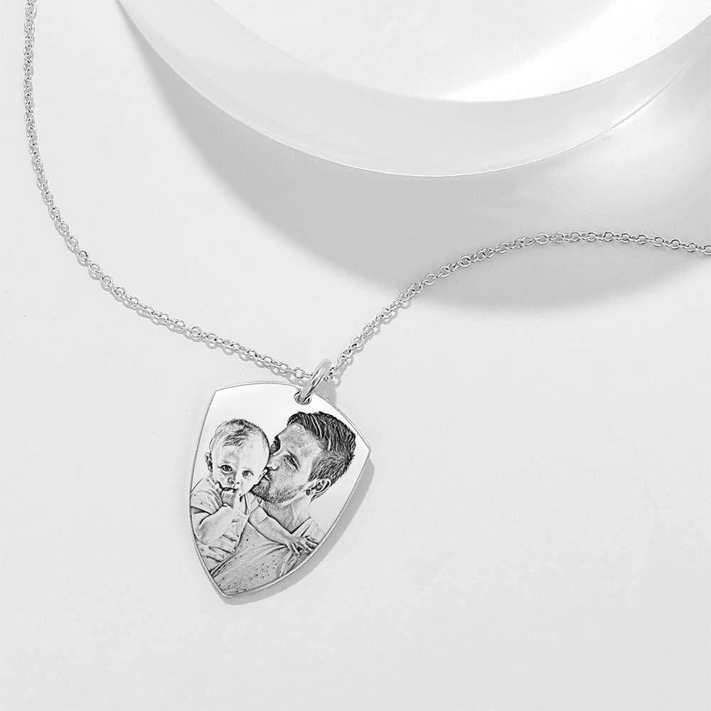Shield Photo Engraved Tag Necklace with Engraving Silver - yournamencklaceuk
