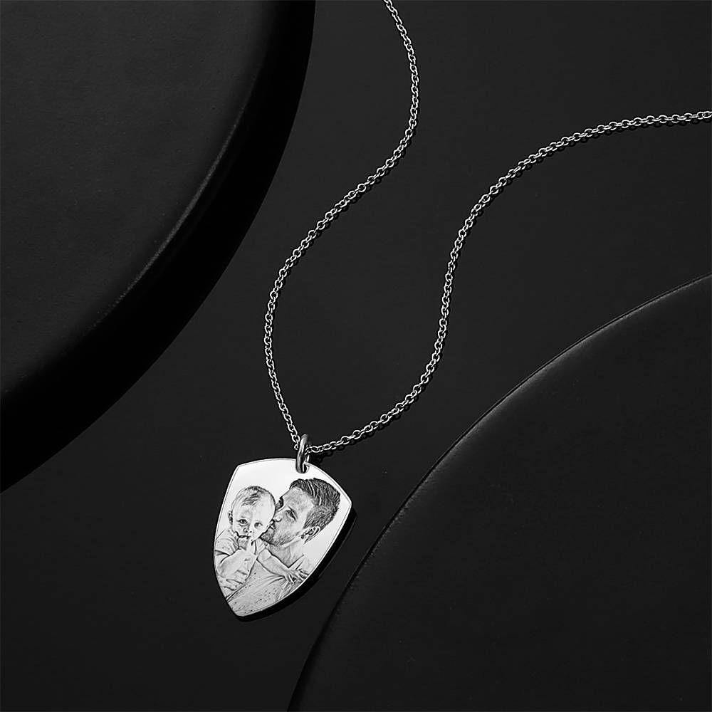Shield Photo Engraved Tag Necklace with Engraving Silver - yournamencklaceuk