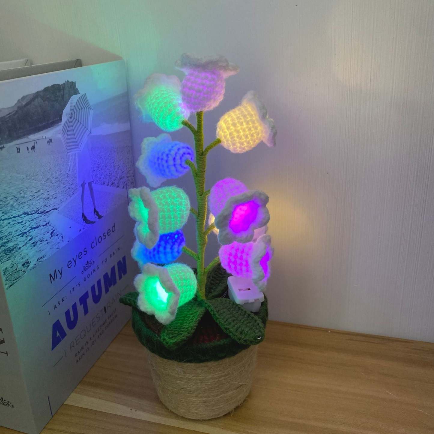 Crochet Handmade Lily Potted Plant Light Lamp, Lilies of the Valley,Finished Product,Knitted Flower Decoration,3 flash modes girlfriend gift - yournamenecklaceuk