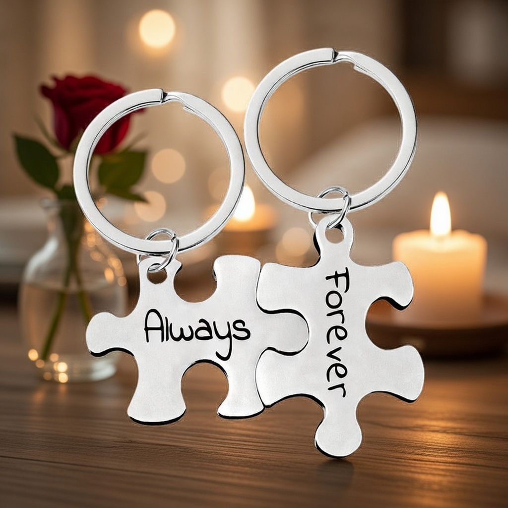 Romantic Matching Puzzle Piece Keychain Set Engraved With His Queen And Her King Perfectly Interlocking Pieces That Symbolize Two Halves Of a Whole -  NameNecklaceUK