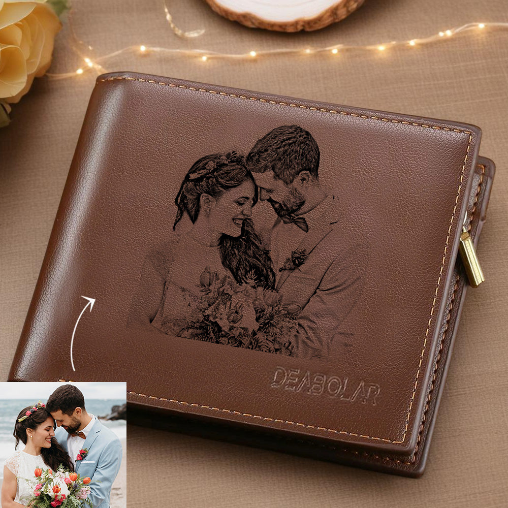 Custom Photo Men's Trifold Wallet Brown Wedding Day Gifts For Husband