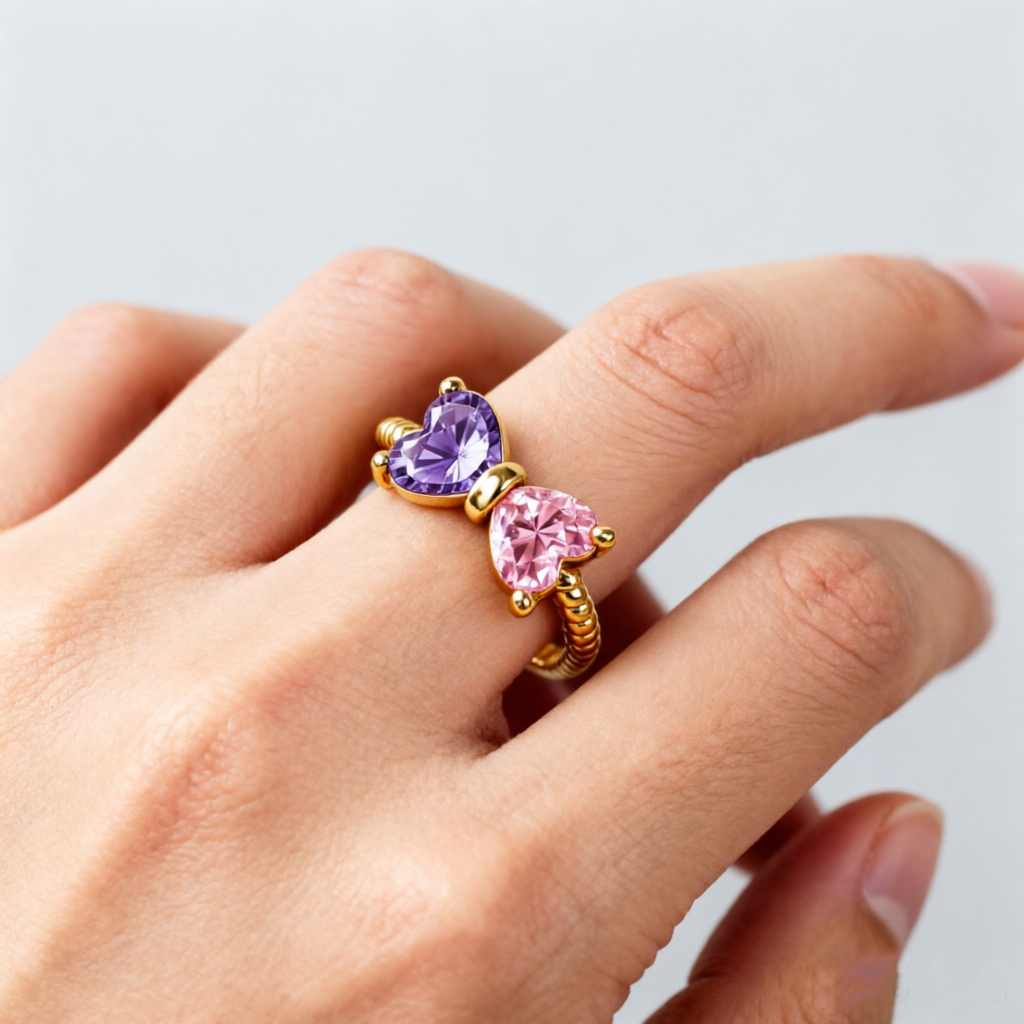 Personalized Heart Birthstones Bow Ring Custom Two Heart Birthstone Ring Adjustable Bow Knot Best Friend Gift -  NameNecklaceUK