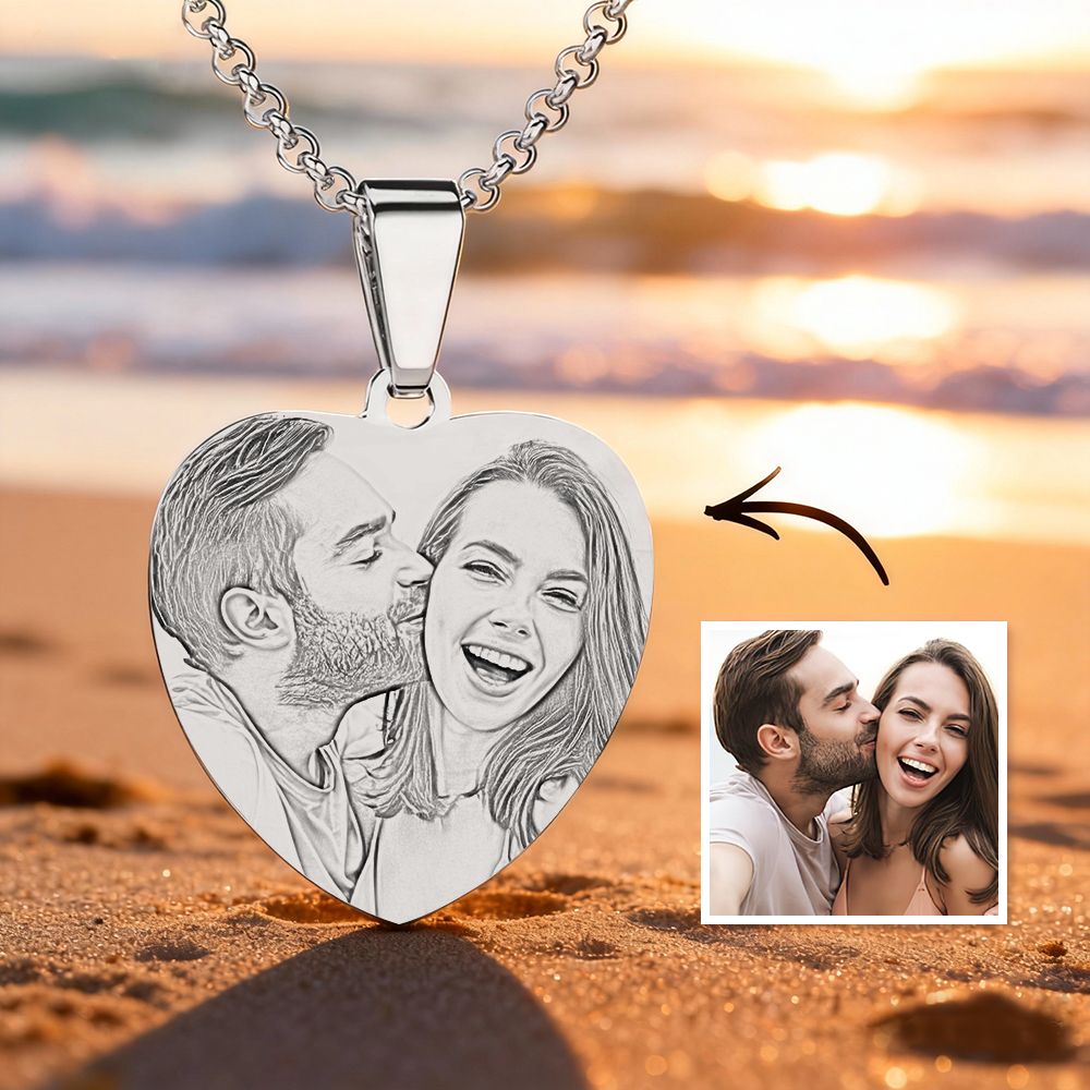 Heart Photo Engraved Tag Necklace With Engraving Stainless Steel Valentine's Day Gift