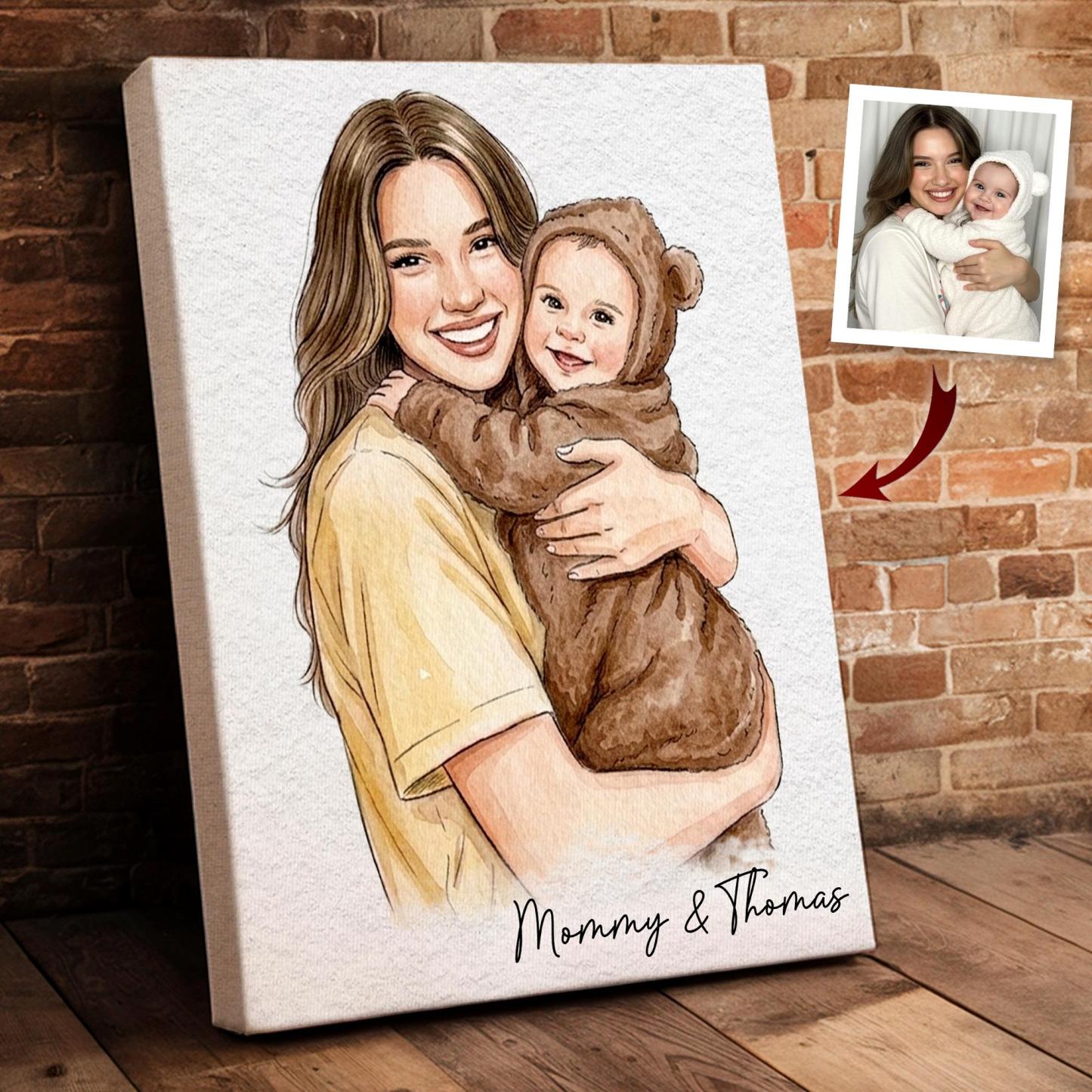 Personalized Photo to Illustration Custom Canvas Print Custom Portrait and Message Custom Photo to Art First Mother's Day Gift for New Mom -  NameNecklaceUK