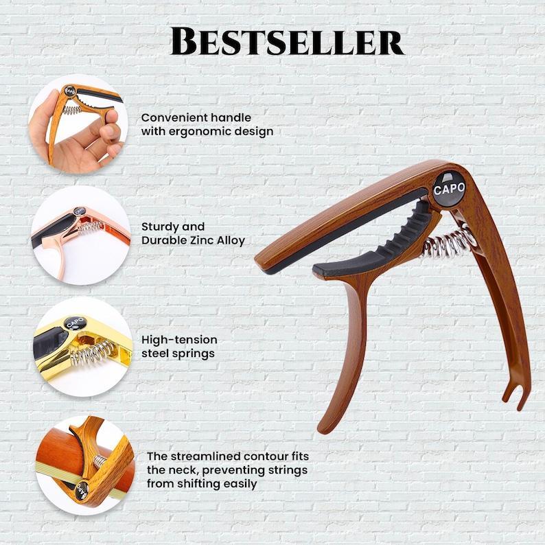 Personalized Metal Guitar Capo with Wood Grain, Custom Message, Engraved Guitar Pick, Birthday Gift, Fathers days Gift for Guitarists -  NameNecklaceUK