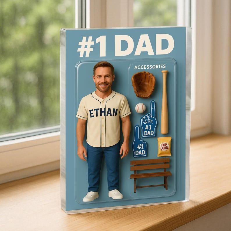 Custom Photo Baseball Dad Action Figure Pack Packaging Personalized Rectangle Acrylic Block Plaque,Father Day Gift for Dad,Gift for Husband
