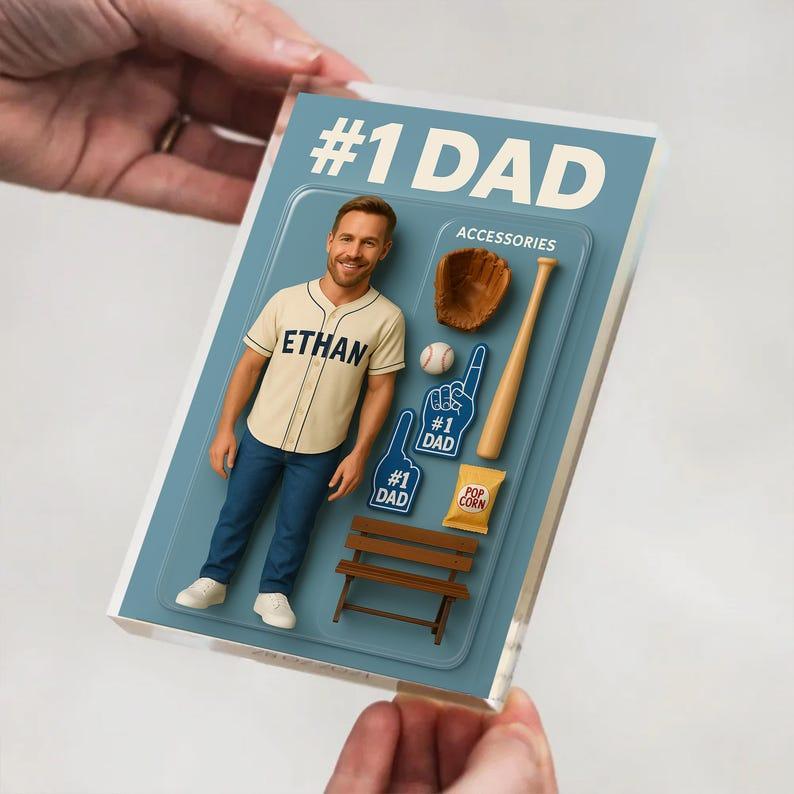 Custom Photo Baseball Dad Action Figure Pack Packaging Personalized Rectangle Acrylic Block Plaque,Father Day Gift for Dad,Gift for Husband