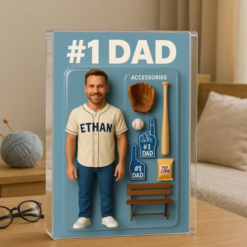 Custom Photo Baseball Dad Action Figure Pack Packaging Personalized Rectangle Acrylic Block Plaque,Father Day Gift for Dad,Gift for Husband