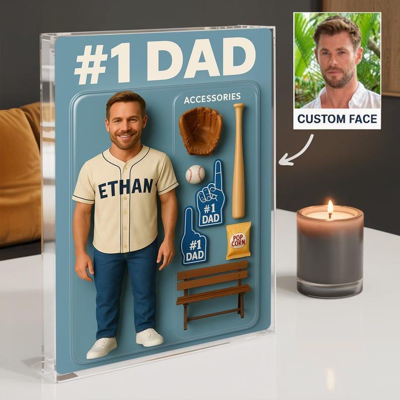Custom Photo Baseball Dad Action Figure Pack Packaging Personalized Rectangle Acrylic Block Plaque,Father Day Gift for Dad,Gift for Husband