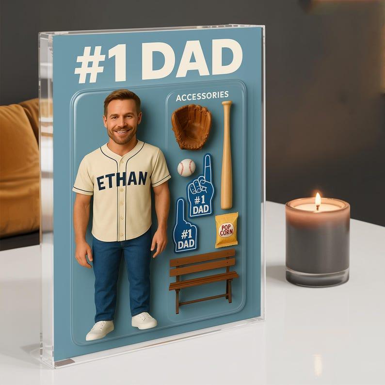 Custom Photo Baseball Dad Action Figure Pack Packaging Personalized Rectangle Acrylic Block Plaque,Father Day Gift for Dad,Gift for Husband