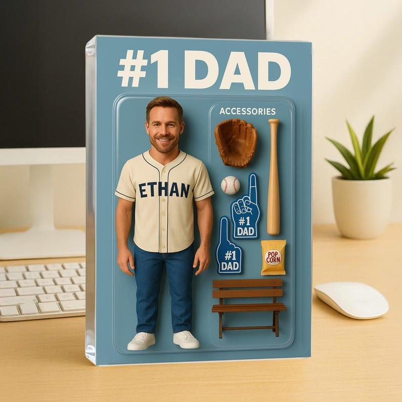 Custom Photo Baseball Dad Action Figure Pack Packaging Personalized Rectangle Acrylic Block Plaque,Father Day Gift for Dad,Gift for Husband