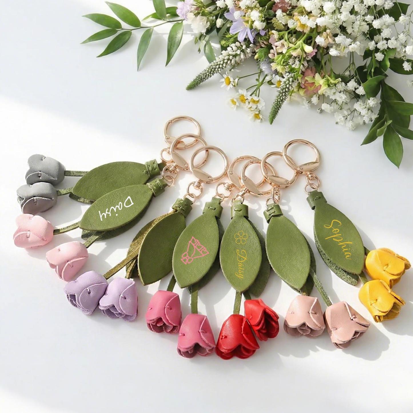 Personalized Name Tulip Keychain Custom Leather Flower Keyring  Genuine Leather Blossom Accessory Gift for Her -  NameNecklaceUK