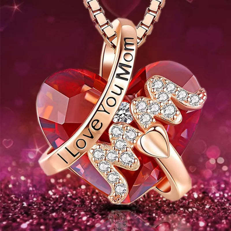 Luxury Fashion "Mom" Pendant Necklace Red Blue Heart Crystal Jewelry Mother's Day Gift -  NameNecklaceUK