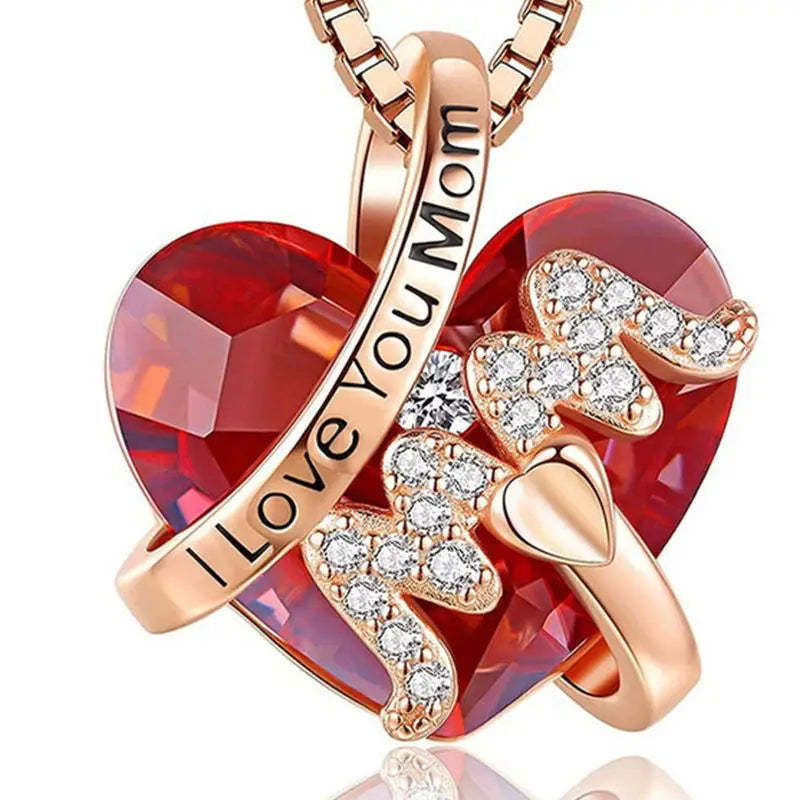 Luxury Fashion "Mom" Pendant Necklace Red Blue Heart Crystal Jewelry Mother's Day Gift -  NameNecklaceUK