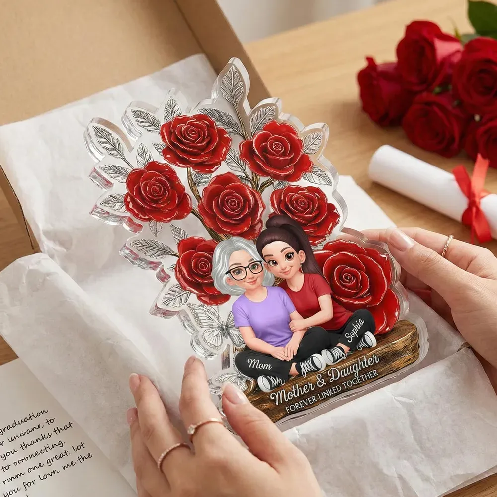 Mother's Day Gift Personalized Mother and Daughter Forever Linked Together Acrylic Plaque Custom Cartoon Mother and Daughter Rose Desktop Ornament Heartwarming -  NameNecklaceUK