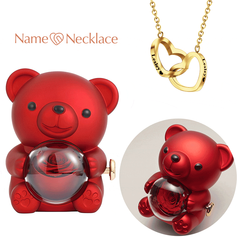 Mother's day Gift Engraved Heart Necklace with Real Rose Bear Giftbox Rose Shaped Necklace Gift Box Jewellery Gift Box
