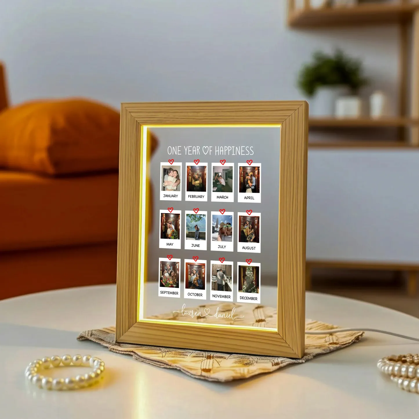 One Year of Happiness Personalized Photo Collage Night Light with Wooden Couple Picture Collage LED Lamp Valentine's Day Gifts -  NameNecklaceUK