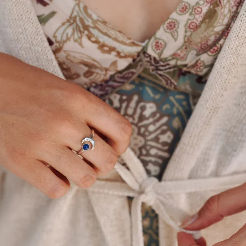 Cosmic Moon & Lapis Lazuli Statement Ring Moon Goddess Lapis Lazuli Silver Ring -  NameNecklaceUK