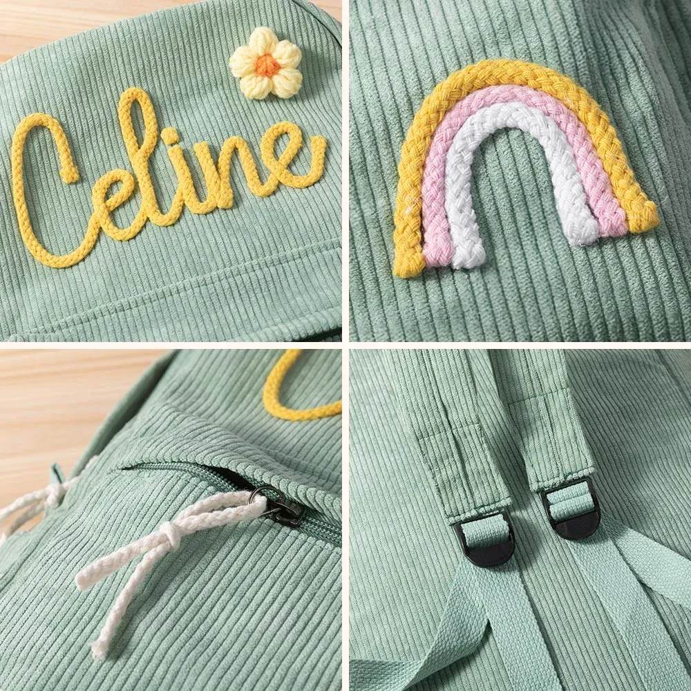 Personalized Braided Flower Rainbow Name Corduroy Kid Toddler Backpack for Preschool Kindergarten Birthday Back to School Gift for Boys Girls -  NameNecklaceUK