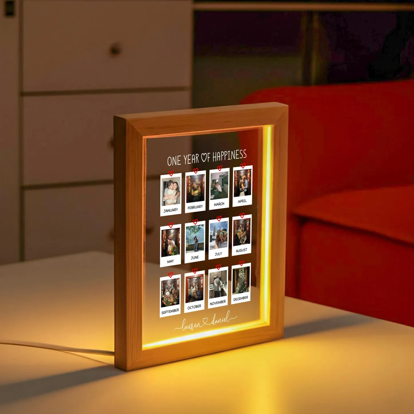 One Year of Happiness Personalized Photo Collage Night Light with Wooden Couple Picture Collage LED Lamp Valentine's Day Gifts -  NameNecklaceUK