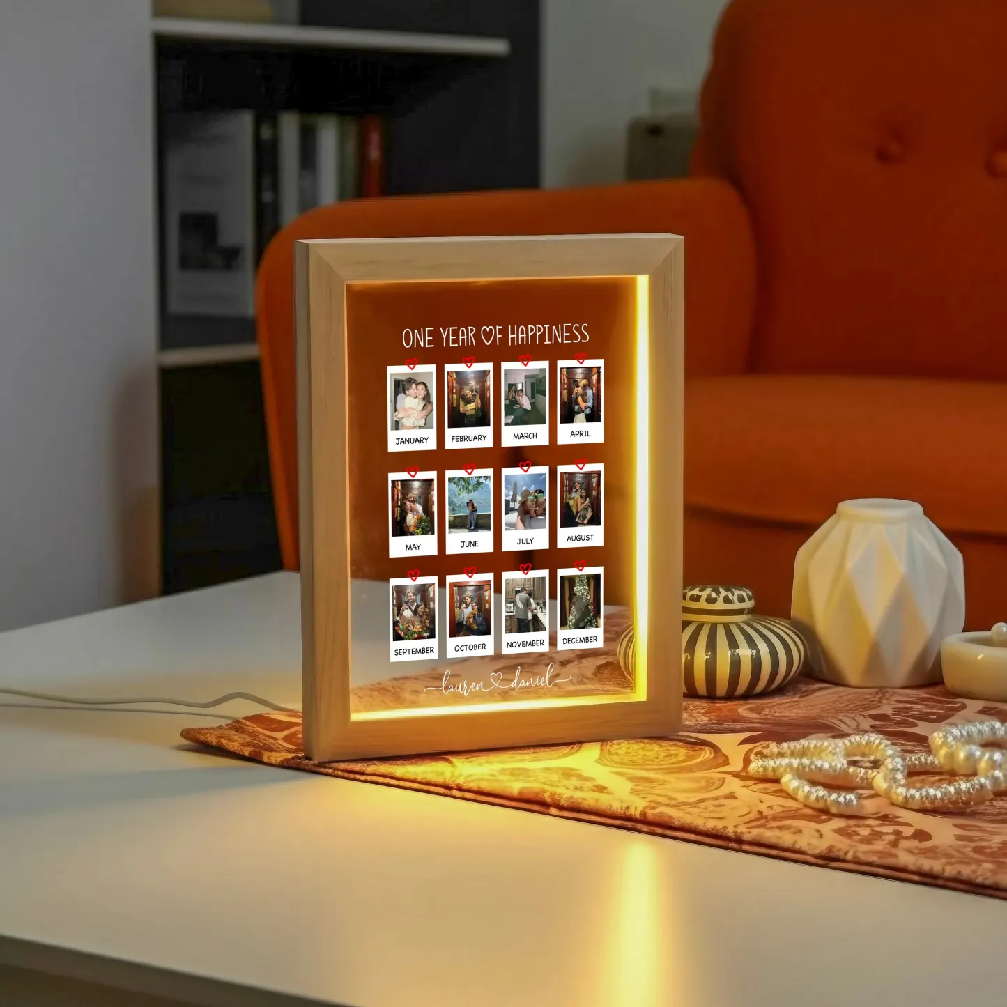 One Year of Happiness Personalized Photo Collage Night Light with Wooden Couple Picture Collage LED Lamp Valentine's Day Gifts -  NameNecklaceUK