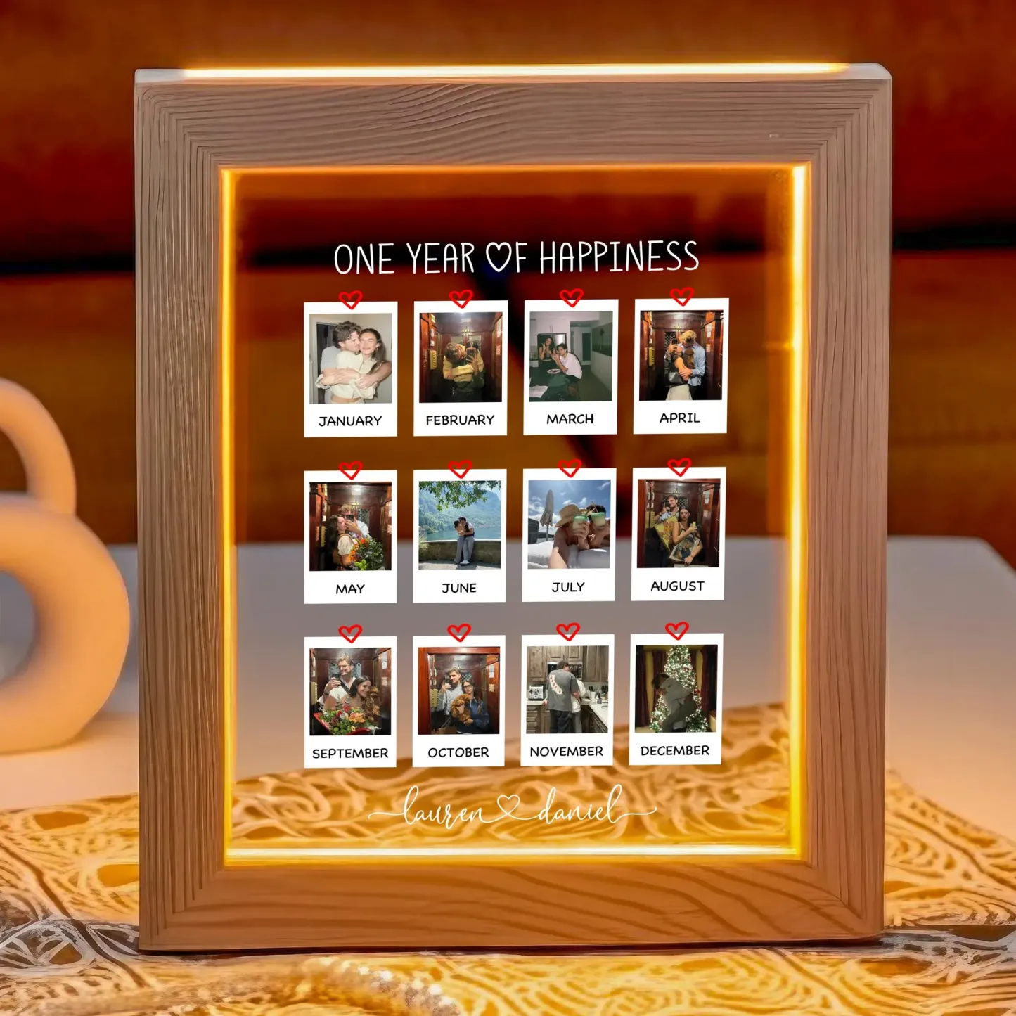One Year of Happiness Personalized Photo Collage Night Light with Wooden Couple Picture Collage LED Lamp Valentine's Day Gifts -  NameNecklaceUK