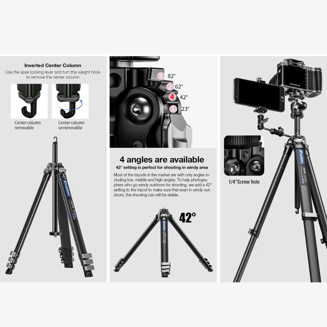 Leofoto AZ-204C + LH-25R AZURE SERIES Ultra-Compact Carbon Fibre Tripod