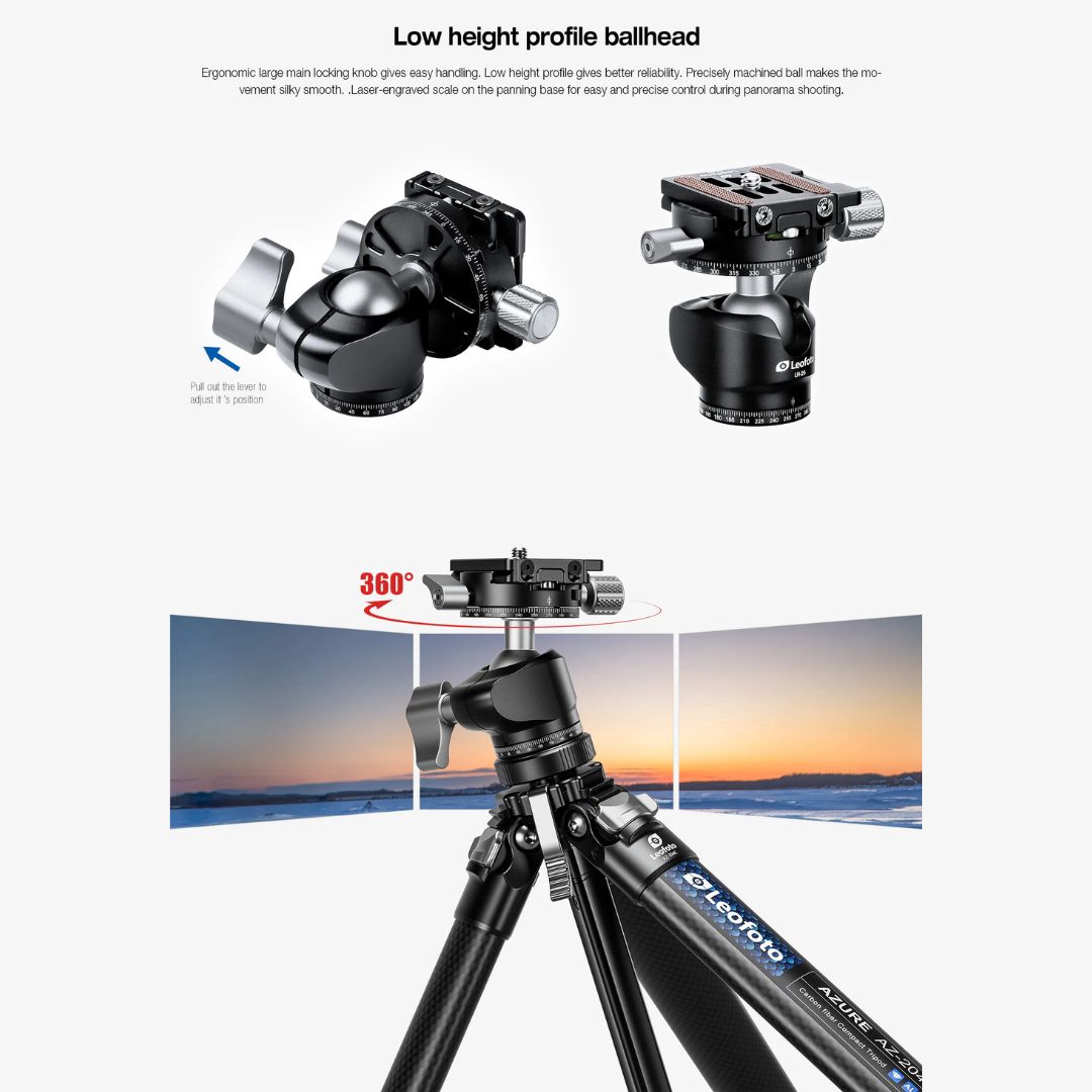 Leofoto AZ-204C + LH-25R AZURE SERIES Ultra-Compact Carbon Fibre Tripod