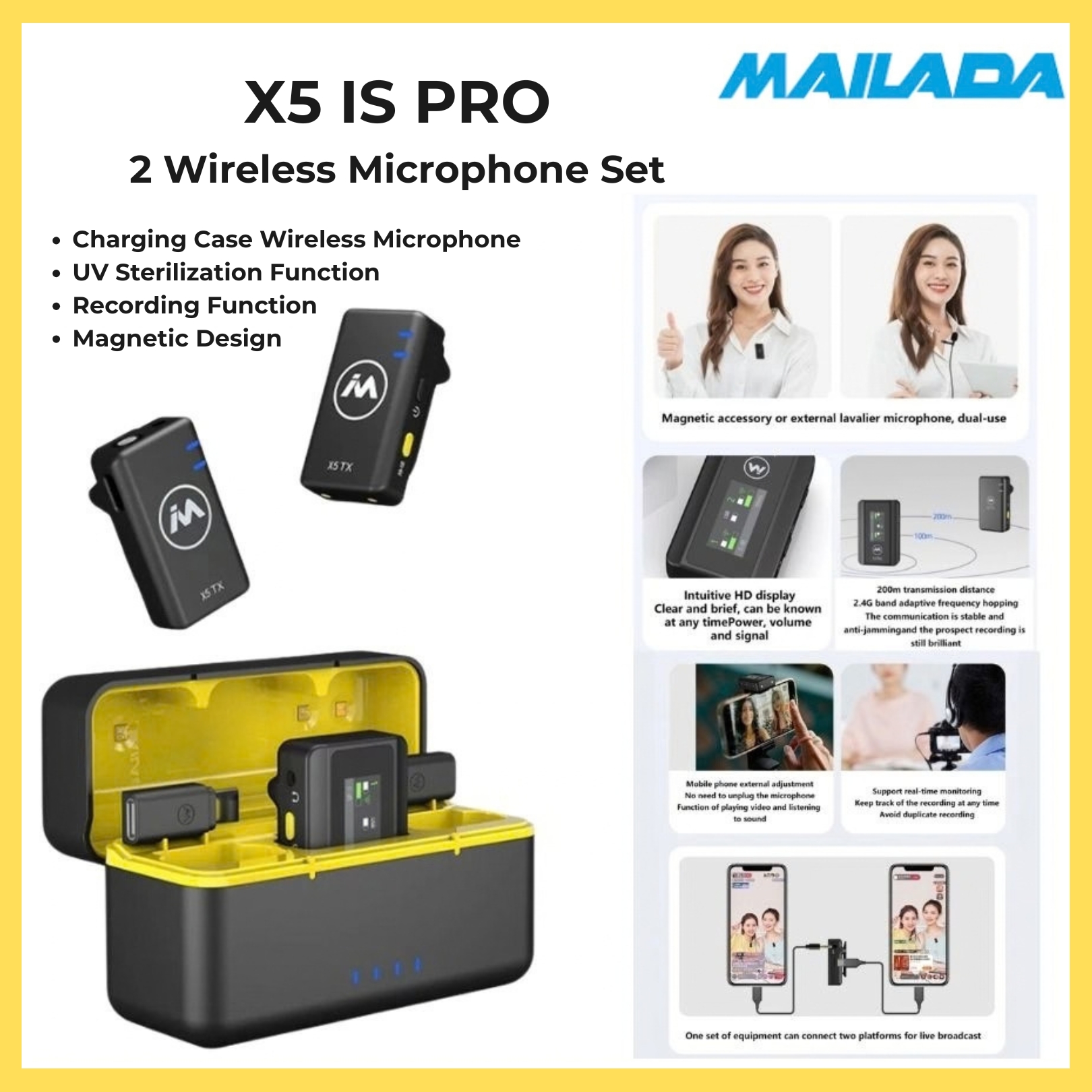 MAILADA X5 IS Pro 2 mic with Voice Recording Mode Charging Case Wireless Mic UV Sterilization 1 Year Malaysia Warranty