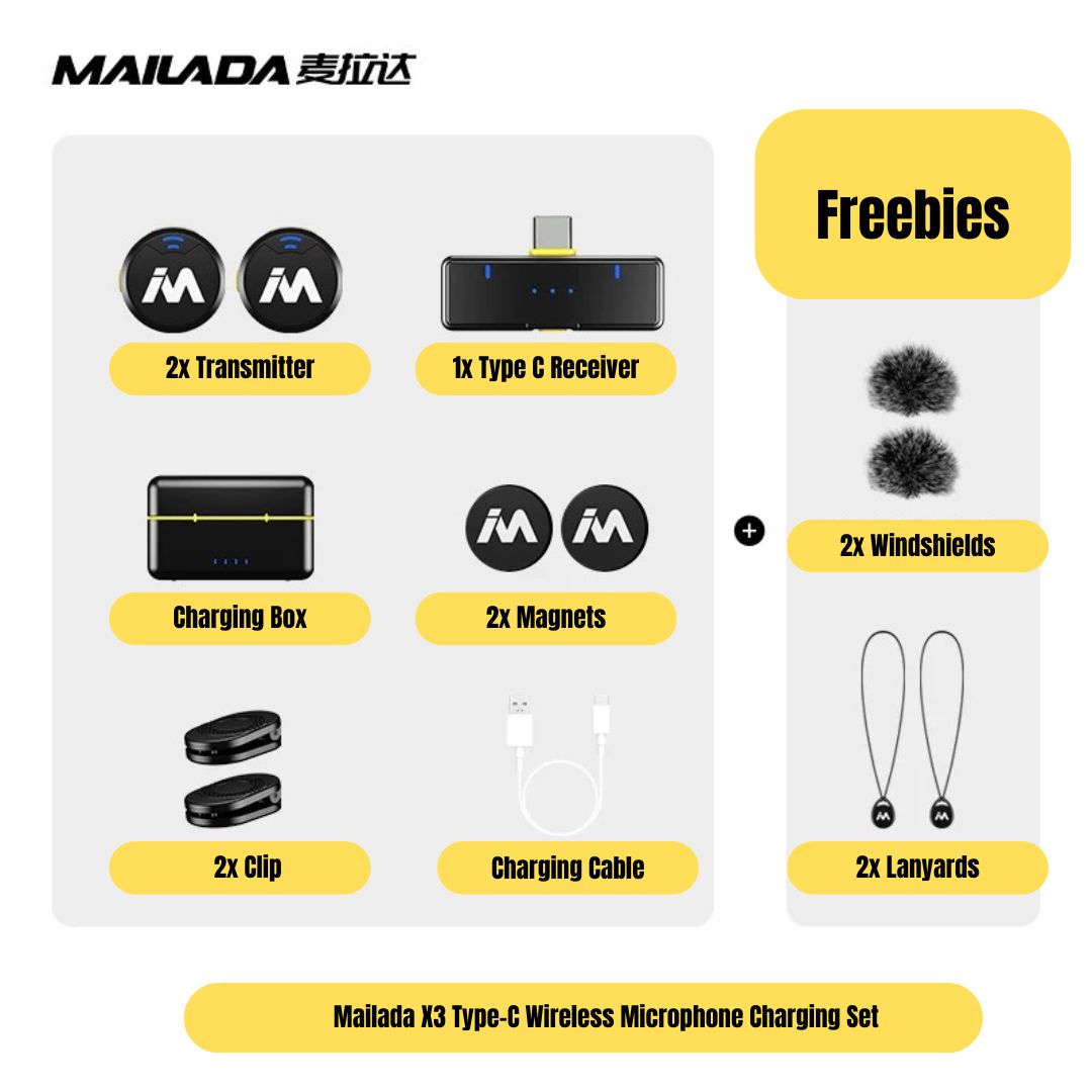 Mailada X3 Wireless Microphone for Smartphone Livestream Video Recording Magnet Clip Mic