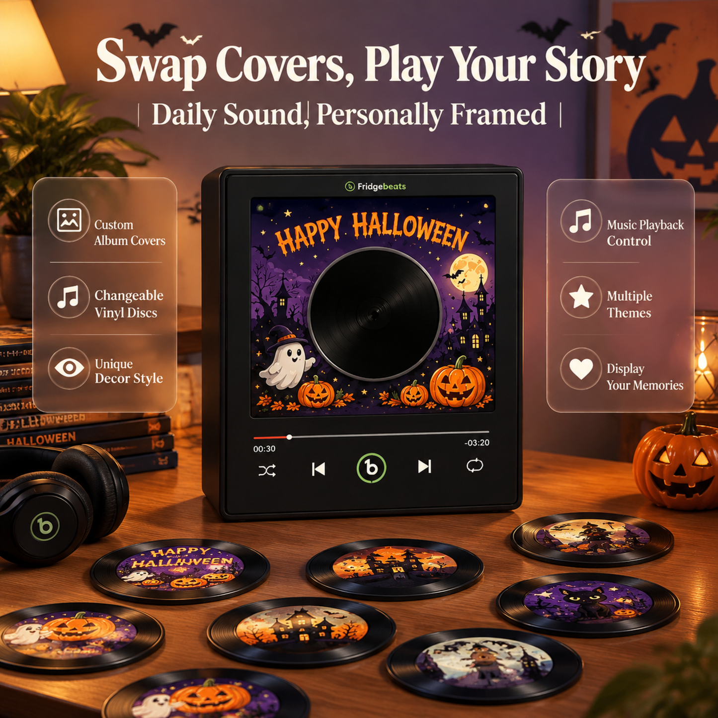 Halloween-Geschenke Halloween-Magnet-Kühlschrank-Vinyl-Musik-Player-Set Mit 9 Themen-Discs – Festliche Küchendekoration GiftFridgebeats V6.0 - Fridgebeatsde