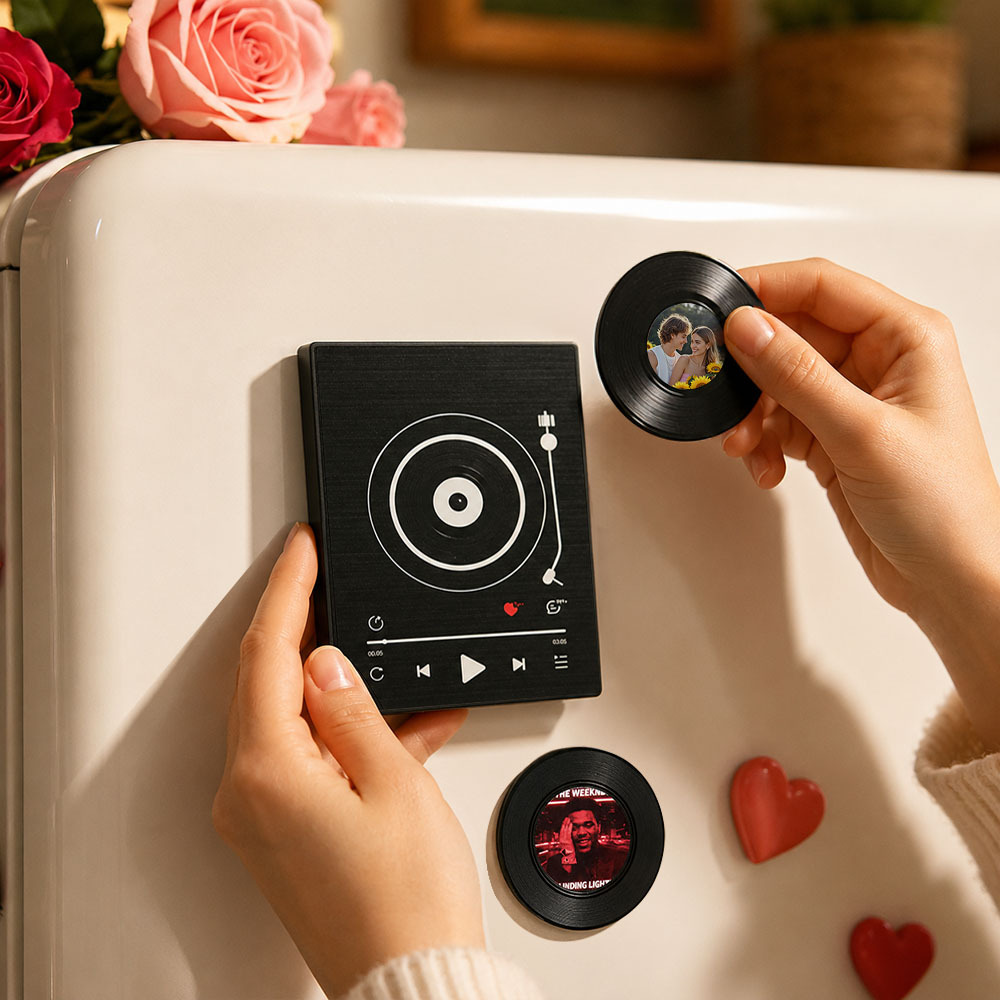 Personalisierter Vinyl-Schallplatten-Musik-Kühlschrankmagnet – individueller Foto- und Song-Wiedergabemagnet, Retro-Musik-Wanddekoration, Geschenk für Fans - Fridgebeatsde