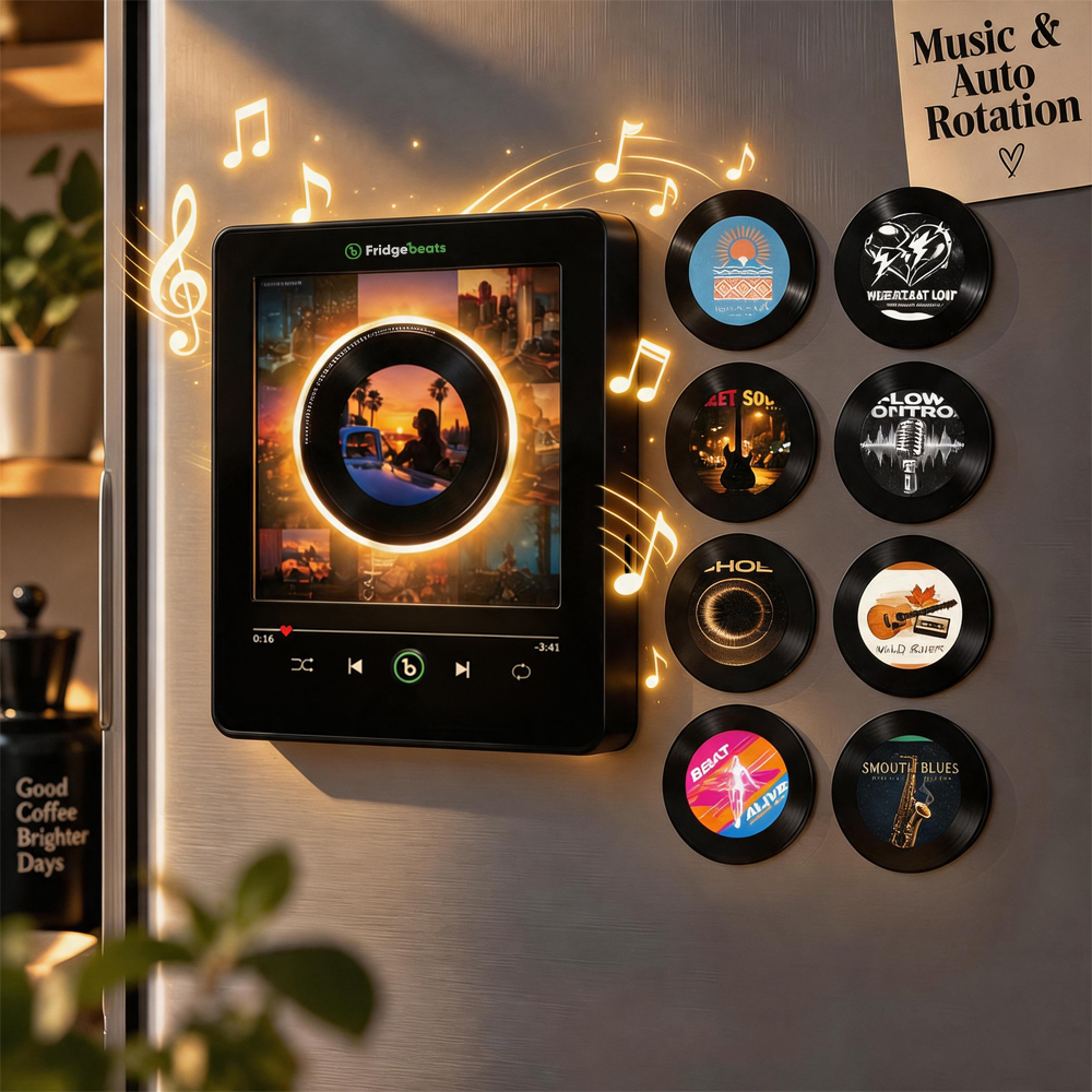 Personalisierter Foto- Und Musik-Vinyl-Kühlschrankmagnet Mit Rotierender Schallplatte – Individuelle Schallplatten Mit Dynamischem LED-Licht Fridgebeats V6.0 - Fridgebeatsde