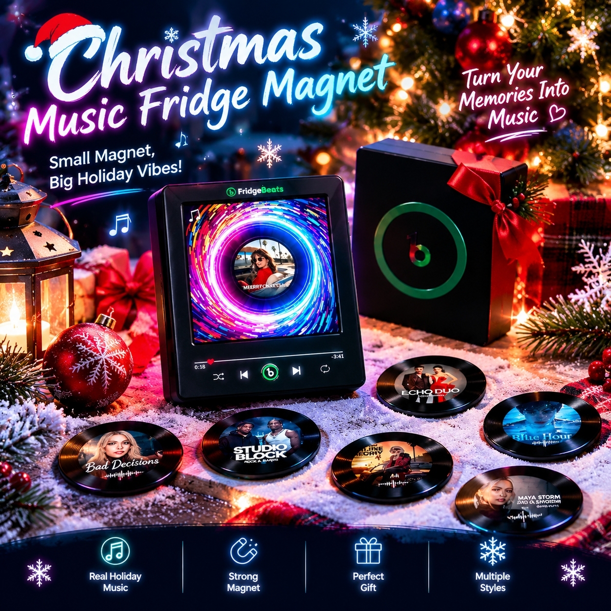 Weihnachtsgeschenke Minimalistisches Retro-Musikdekor Für Stadtbewohner – LED-Kühlschrank-Kunstrahmen Mit Rotierendem Vinyl-MagnetFridgebeats V6.0 - Fridgebeatsde