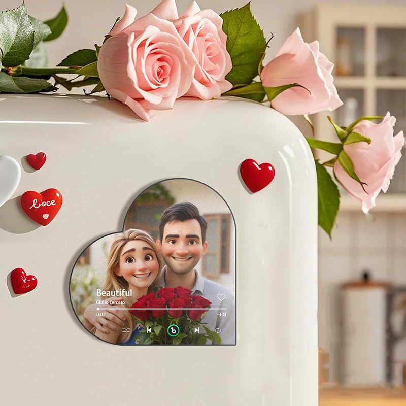 Custom Music Fridge Magnet Personalized Photo Cartoon Style Heart Frame Song Fridge Magnet That Can Play Songs Anniversary Gifts Birthday Gift for Couple
