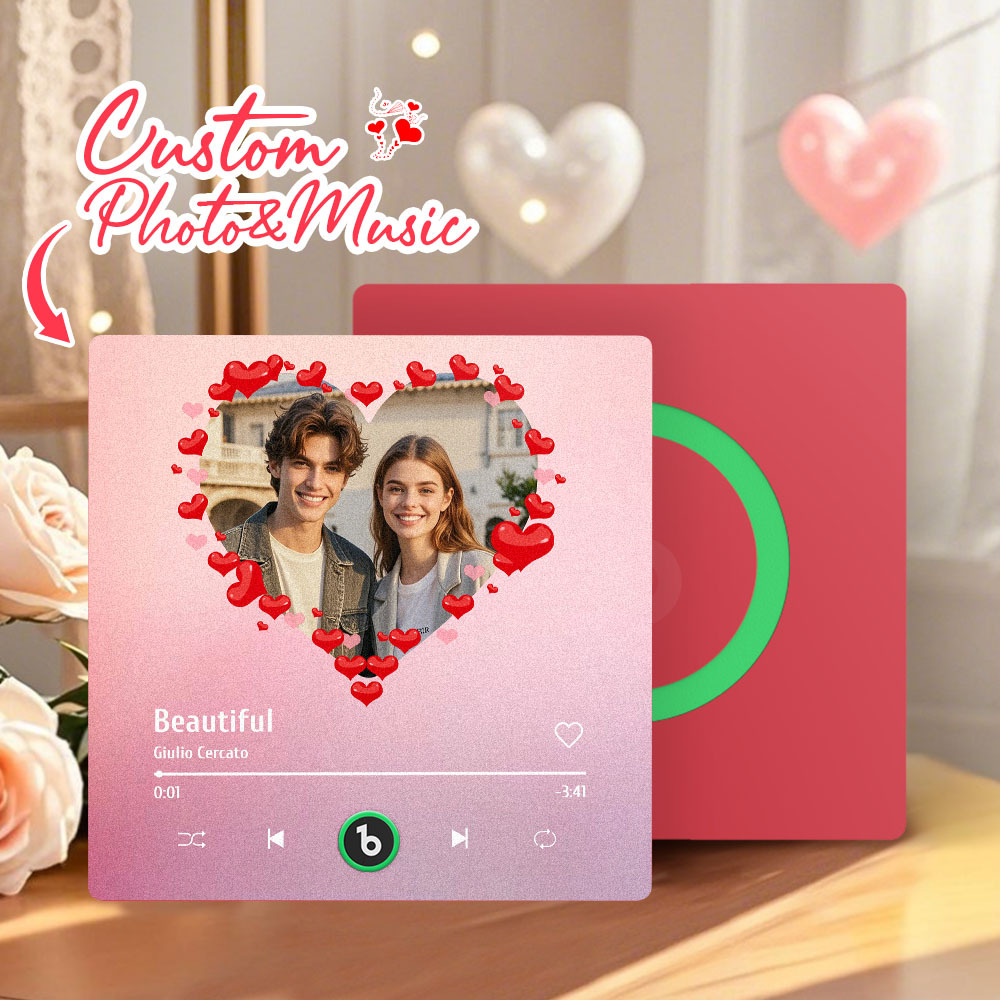 Personalized Music Fridge Magnet Heart Pink Valentine Gift Album Fridge Magnet Music Wall Photo Sticker Music Movement That Can Be Played Gift for Couple - Fridgebeatsau