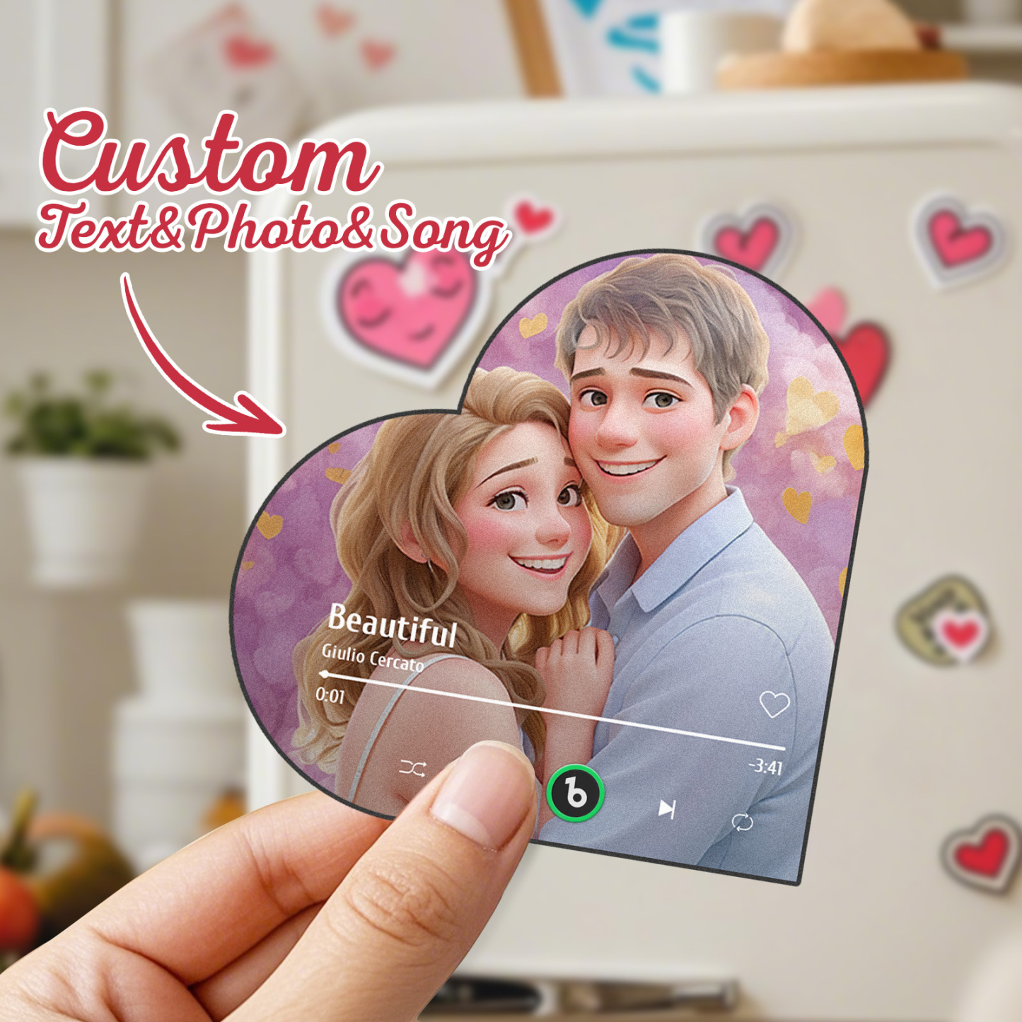 Custom Music Fridge Magnet Personalized Photo Cartoon Style Heart Frame Song Fridge Magnet That Can Play Songs Anniversary Gifts Birthday Gift for Couple