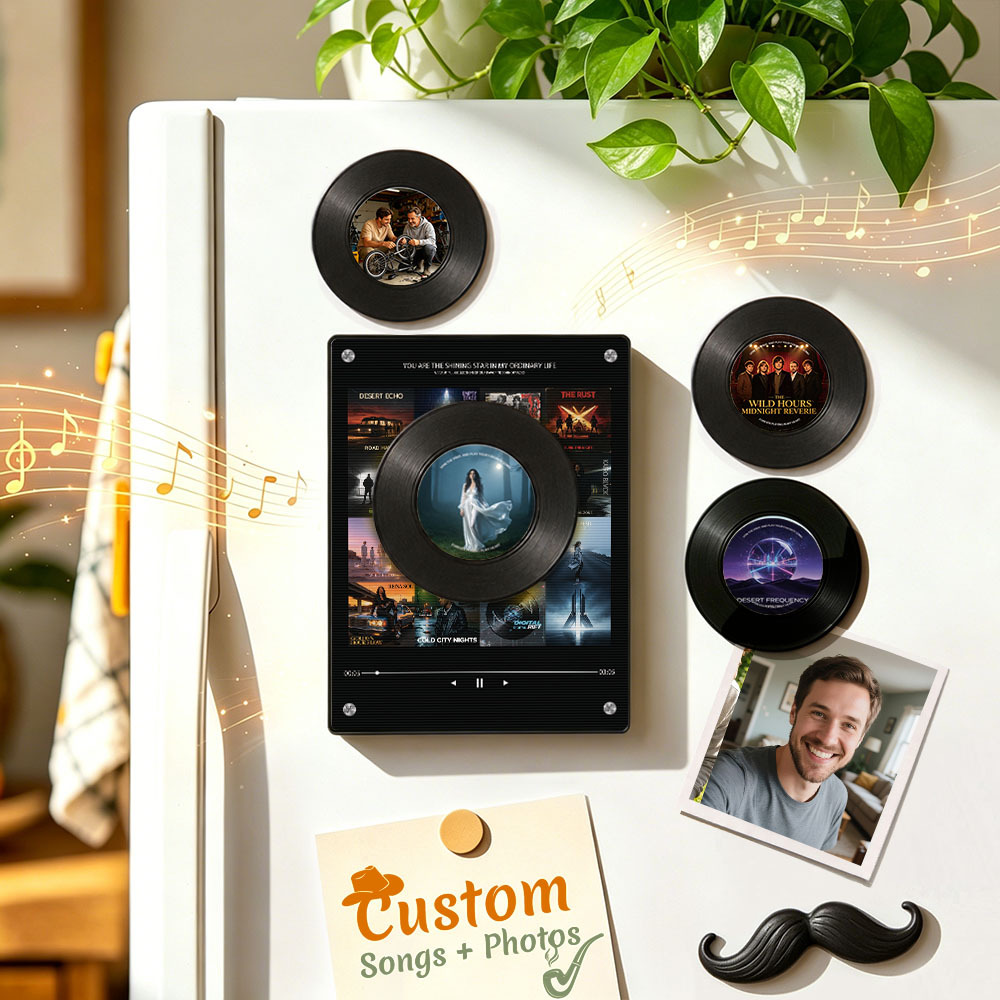 Personalized Record Vinyl Music Fridge Magnet – Custom Photo & Song Playback Magnet, Retro Music Wall Decor Gift for Couples - Fridgebeatsau