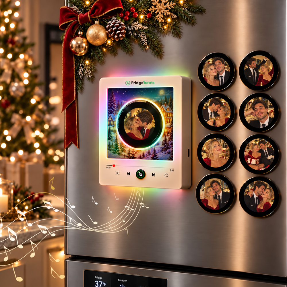 Christmas Gift Personalized Photo & Music Vinyl Fridge Magnet with Rotating Record– Custom Records with Dynamic LED Light Fridgebeats V6.0 - Fridgebeatsau