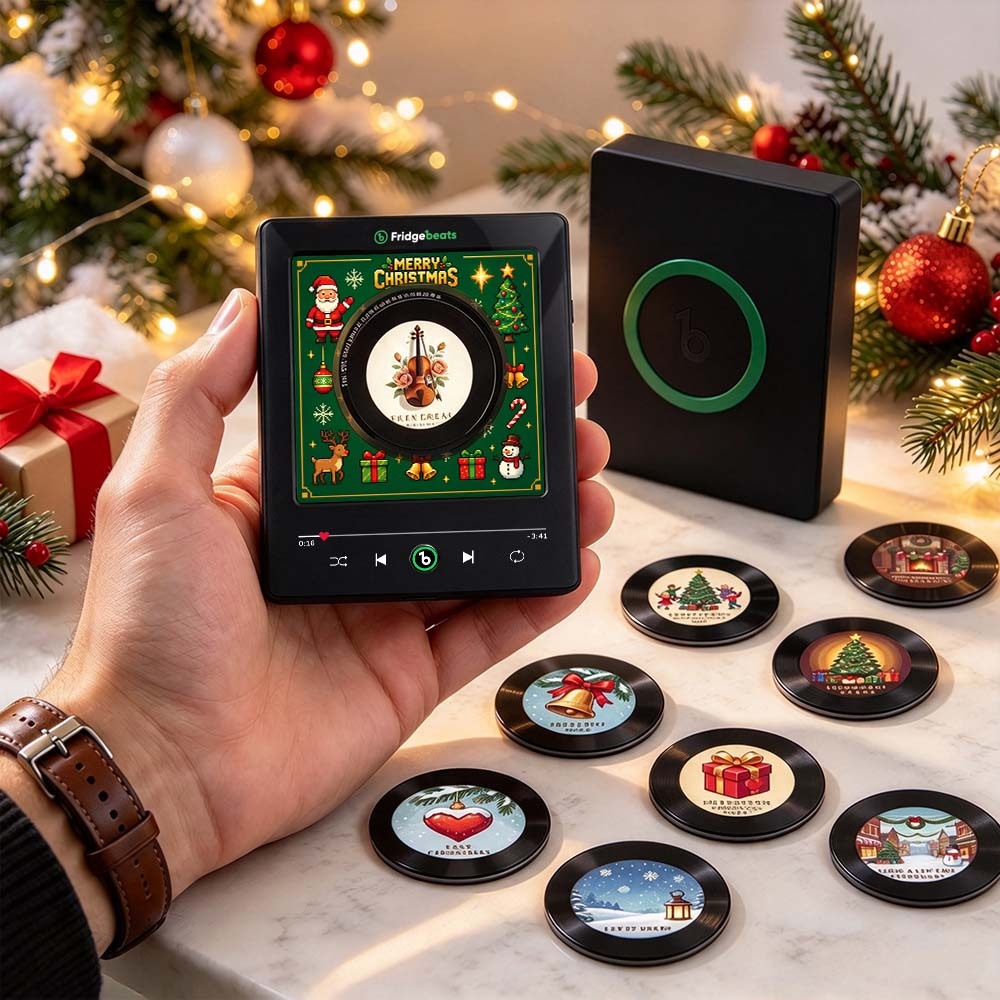 Custom Christmas Mini Vinyl Player with 9 Exchangeable Discs - Vintage Holiday Music Box & Perfect Christmas Gift for Music Lovers - Fridgebeatsau