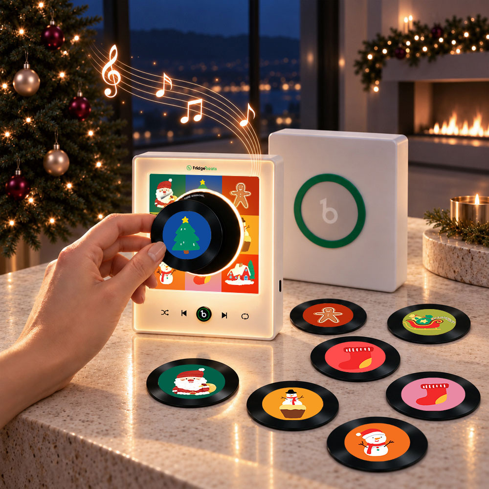 Magnetic Christmas Music Player for Fridge – Festive Vinyl-Style Decor with 9 Holiday Icons & LED Light - Fridgebeatsau