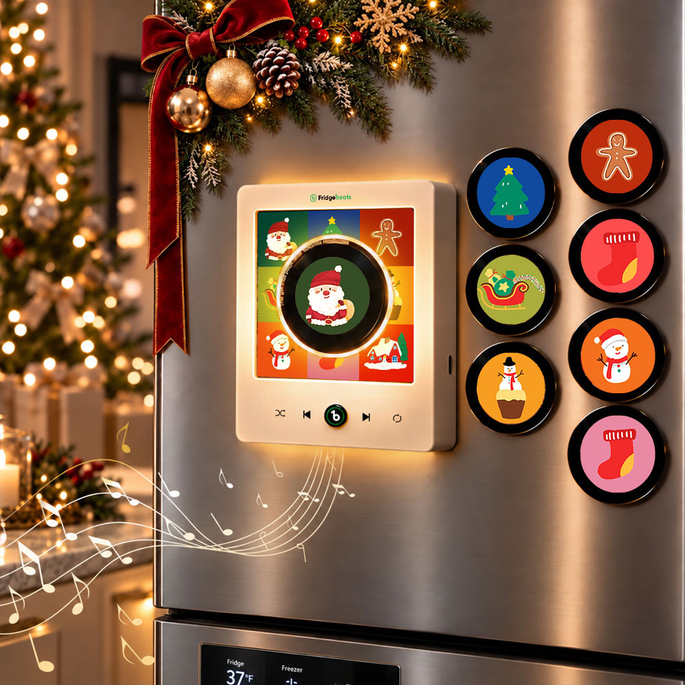 Magnetic Christmas Music Player for Fridge – Festive Vinyl-Style Decor with 9 Holiday Icons & LED Light - Fridgebeatsau