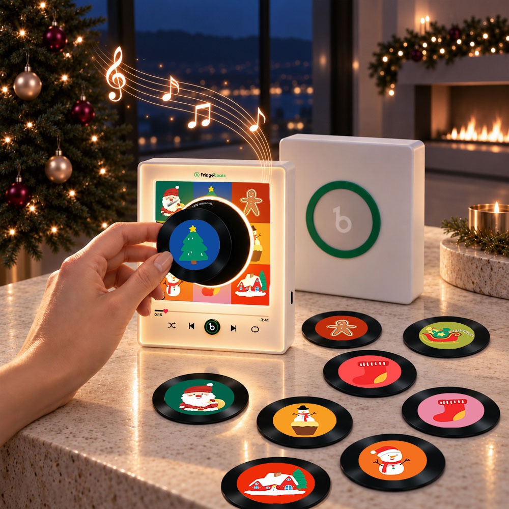 Magnetic Christmas Music Player for Fridge – Festive Vinyl-Style Decor with 9 Holiday Icons & LED Light - Fridgebeatsau