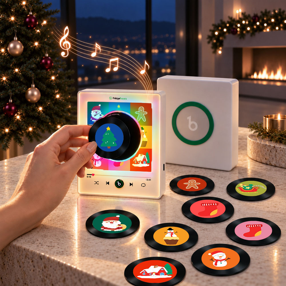 Magnetic Christmas Music Player for Fridge – Festive Vinyl-Style Decor with 9 Holiday Icons & LED Light - Fridgebeatsau