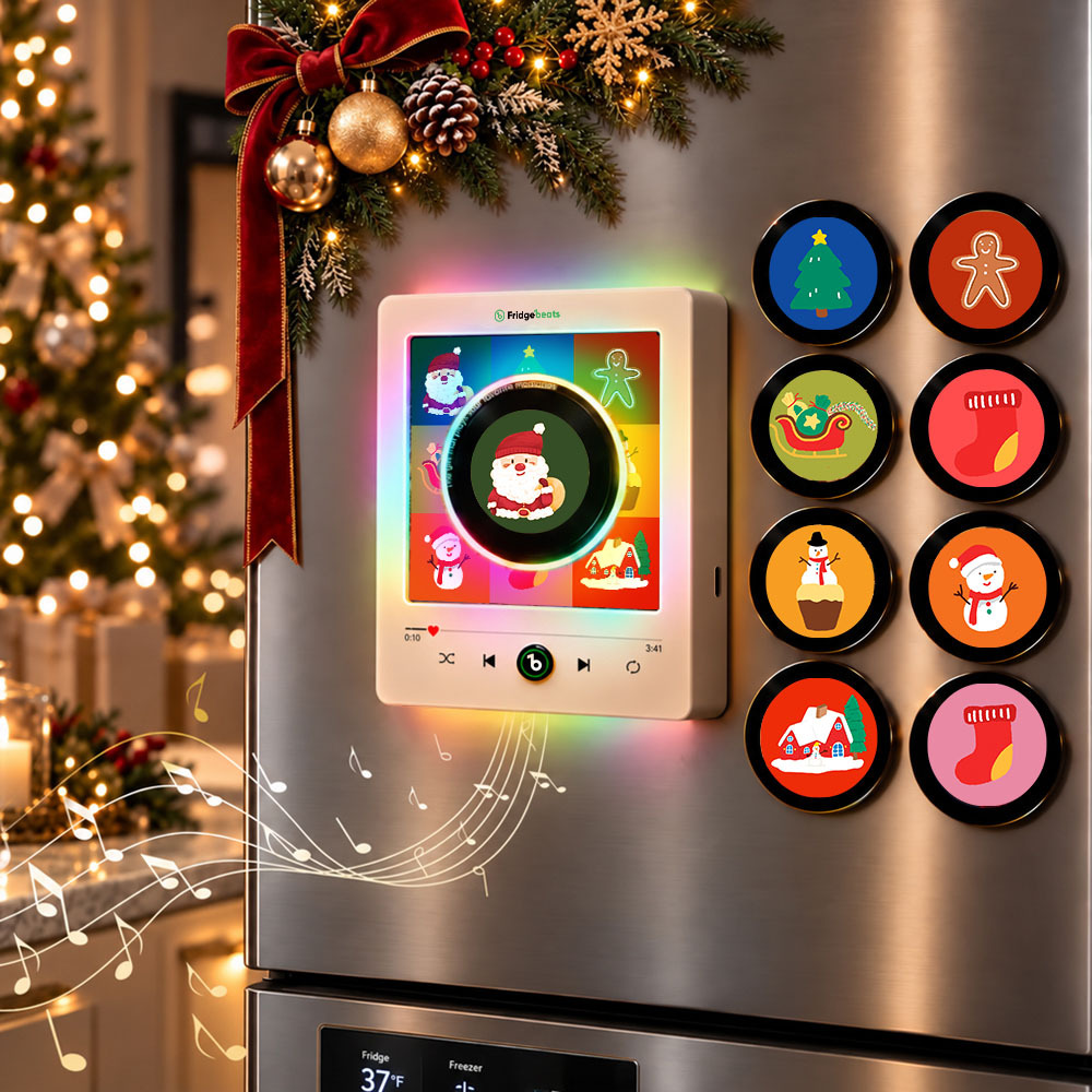 Magnetic Christmas Music Player for Fridge – Festive Vinyl-Style Decor with 9 Holiday Icons & LED Light - Fridgebeatsau
