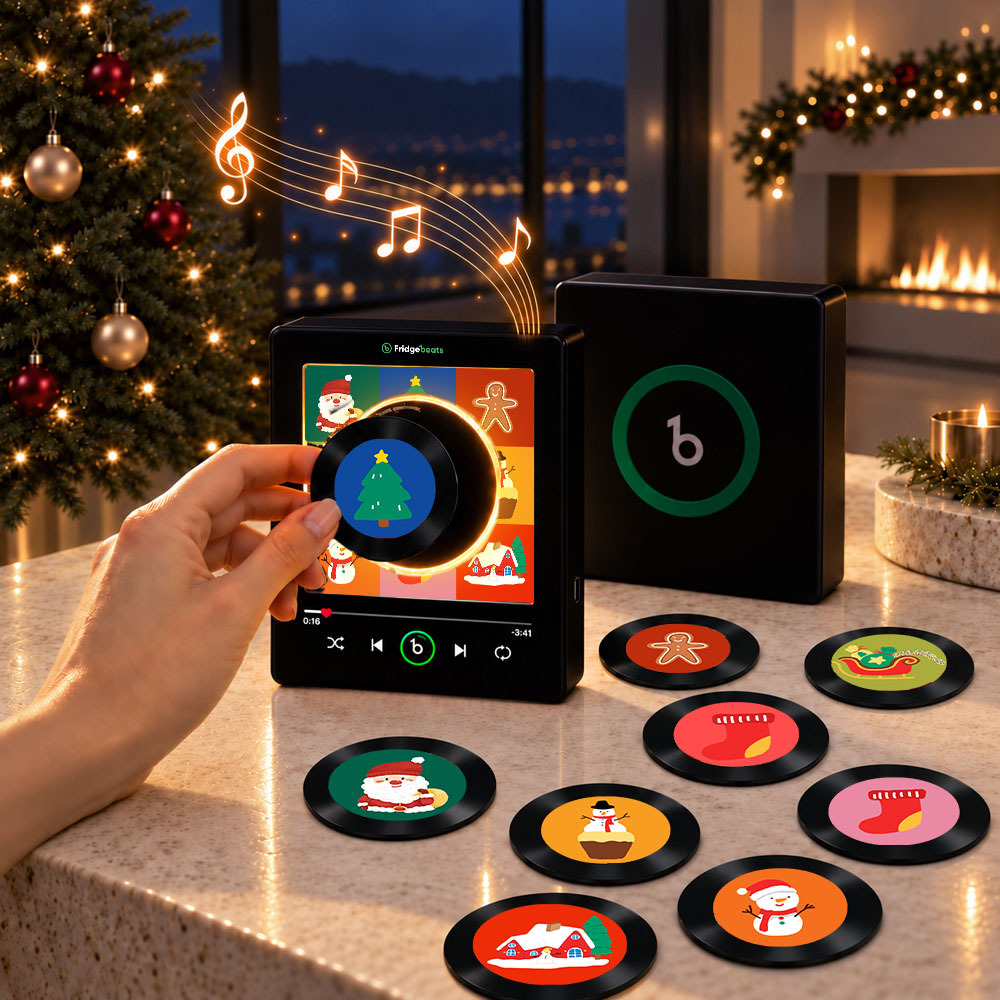 Magnetic Christmas Music Player for Fridge – Festive Vinyl-Style Decor with 9 Holiday Icons & LED Light - Fridgebeatsau